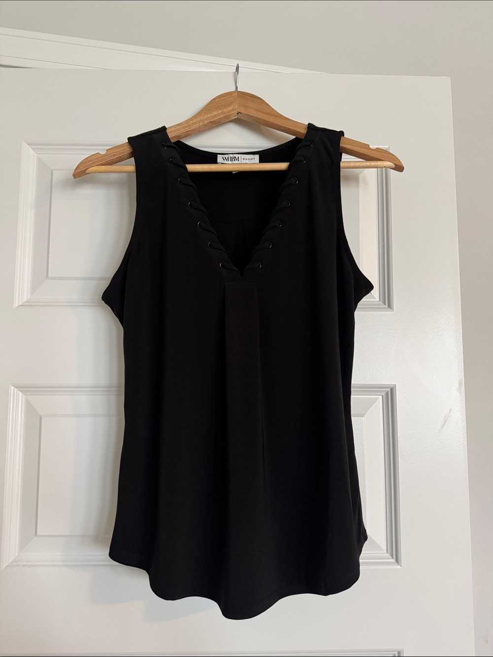 White House Black Market Black Sleeveless V-Neck Lace-Up Blouse NWOT